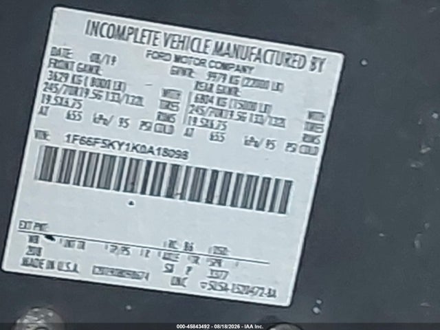 2019 Ford F-59 Commercial Stripped მანქანა იყიდება აუქციონზე, vin: 1F66F5KY1K0A18098, აუქციონის ნომერი: 45843492
