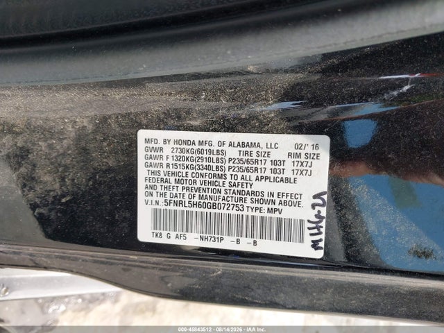 Продажа на аукционе авто 2016 Honda Odyssey Ex-l, vin: 5FNRL5H60GB072753, номер лота: 45843512
