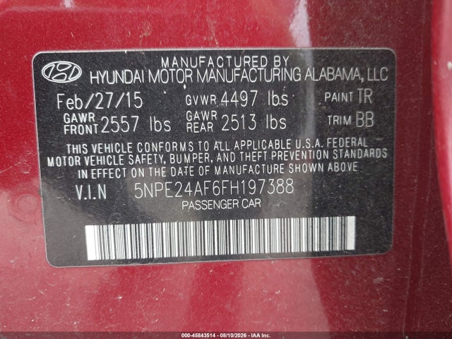 Aukcja sprzedaży 2015 Hyundai Sonata Se, vin: 5NPE24AF6FH197388, numer aukcji: 45843514