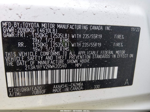 45843517 :رقم المزاد ، 2T3A1RFV2RW420540 vin ، 2024 Toyota Rav4 Xle Premium مزاد بيع
