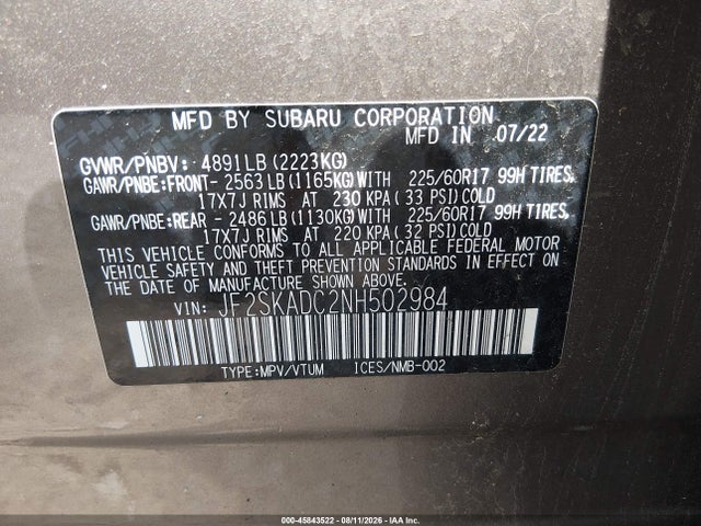 Продаж на аукціоні авто 2022 Subaru Forester Premium, vin: JF2SKADC2NH502984, номер лоту: 45843522