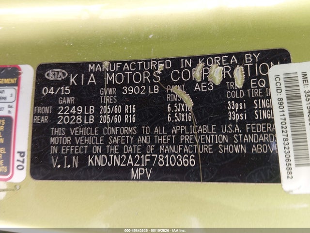 45843525 :رقم المزاد ، KNDJN2A21F7810366 vin ، 2015 Kia Soul مزاد بيع