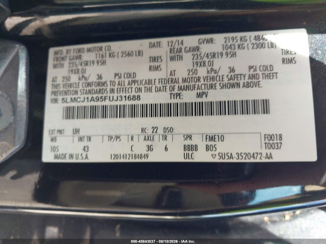 Продаж на аукціоні авто 2015 Lincoln Mkc, vin: 5LMCJ1A95FUJ31688, номер лоту: 45843537