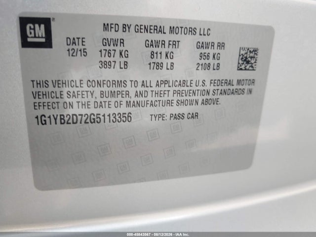 Продаж на аукціоні авто 2016 Chevrolet Corvette Stingray, vin: 1G1YB2D72G5113356, номер лоту: 45843567