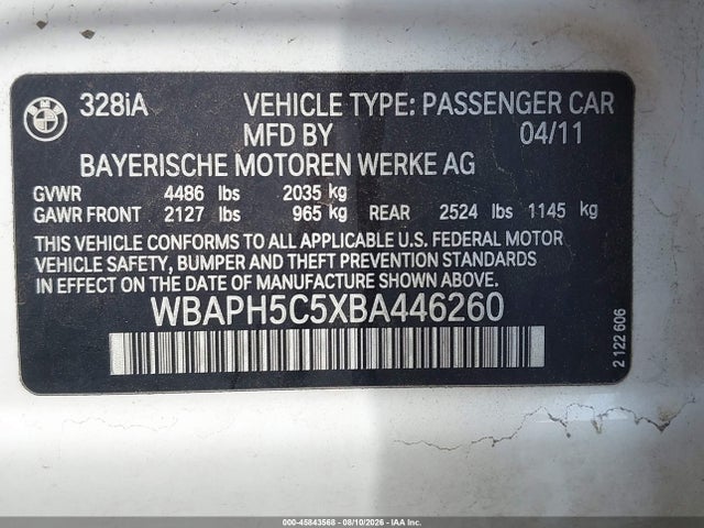 2011 Bmw 328i მანქანა იყიდება აუქციონზე, vin: WBAPH5C5XBA446260, აუქციონის ნომერი: 45843568