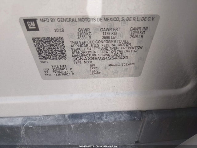 Продажа на аукционе авто 2019 Chevrolet Equinox Ls, vin: 3GNAXSEV2KS543420, номер лота: 45843578