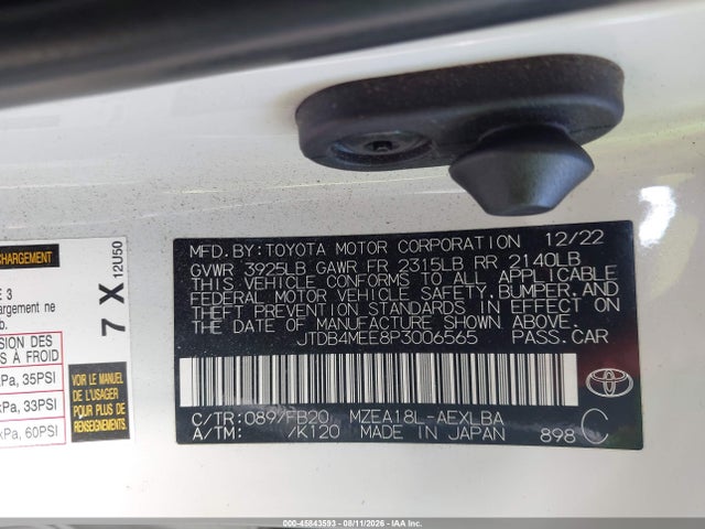 45843593 :رقم المزاد ، JTDB4MEE8P3006565 vin ، 2023 Toyota Corolla Le مزاد بيع