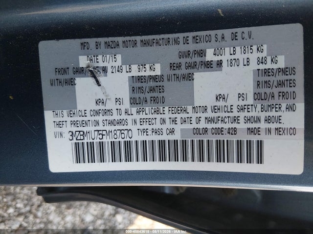 Aukcja sprzedaży 2015 Mazda Mazda3 I Sport, vin: 3MZBM1U75FM187670, numer aukcji: 45843615
