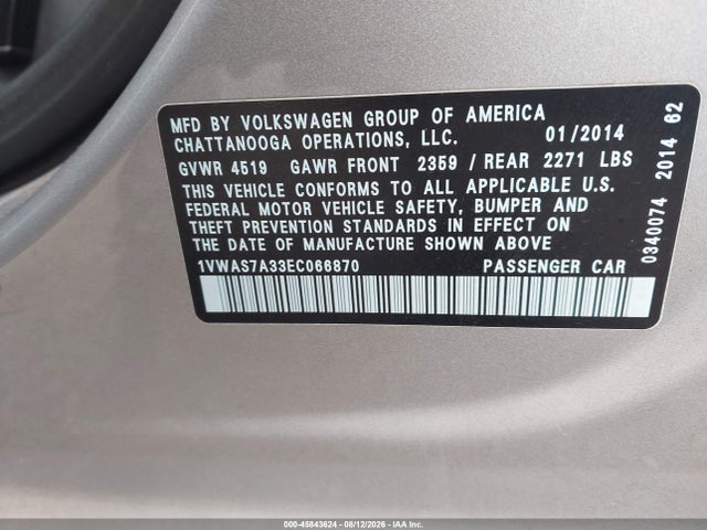 45843624 :رقم المزاد ، 1VWAS7A33EC066870 vin ، 2014 Volkswagen Passat 1.8t Wolfsburg Edition مزاد بيع