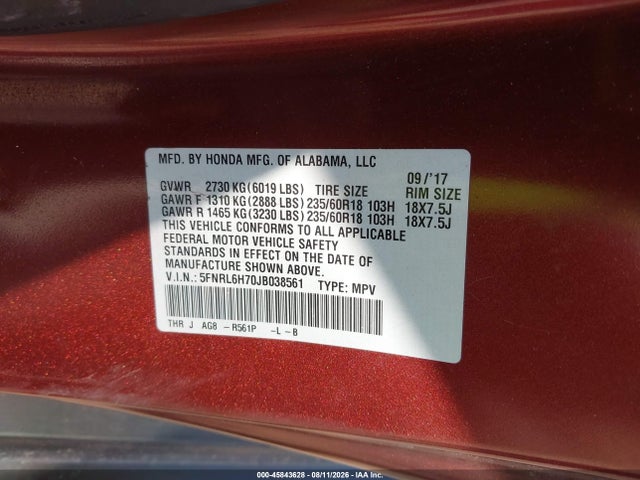 45843628 :رقم المزاد ، 5FNRL6H70JB038561 vin ، 2018 Honda Odyssey Ex-l مزاد بيع