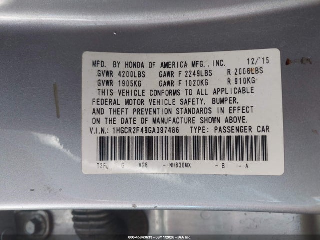 Honda ACCORD LX 2016 1HGCR2F49GA097486 Image 9