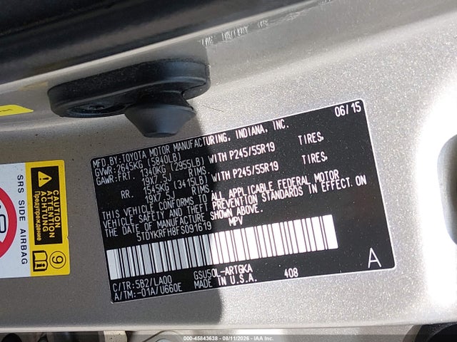 45843638 :رقم المزاد ، 5TDYKRFH8FS091619 vin ، 2015 Toyota Highlander Limited V6 مزاد بيع