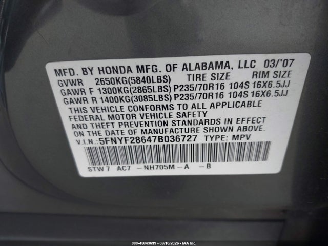 Aukcja sprzedaży 2007 Honda Pilot Ex-l, vin: 5FNYF28647B036727, numer aukcji: 45843639