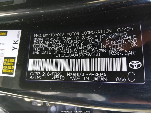 Aukcja sprzedaży 2025 Toyota Prius Le, vin: JTDACAAUXS3059058, numer aukcji: 45843663