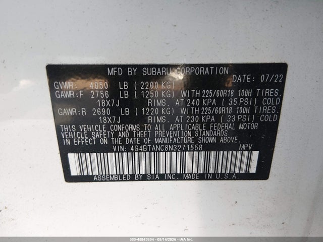 Aukcja sprzedaży 2022 Subaru Outback Limited, vin: 4S4BTANC8N3271558, numer aukcji: 45843694