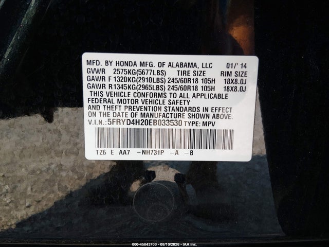2014 Acura Mdx მანქანა იყიდება აუქციონზე, vin: 5FRYD4H20EB033530, აუქციონის ნომერი: 45843700