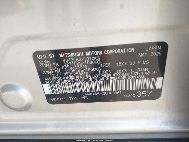 45843704 :رقم المزاد ، JA4ARUAUXSU009961 vin ، 2025 Mitsubishi Outlander Sport 2.0 Es Awc/2.0 Le Awc/2.0 S Awc/2.0 Se Awc/2.0 Trail Edition Awc مزاد بيع