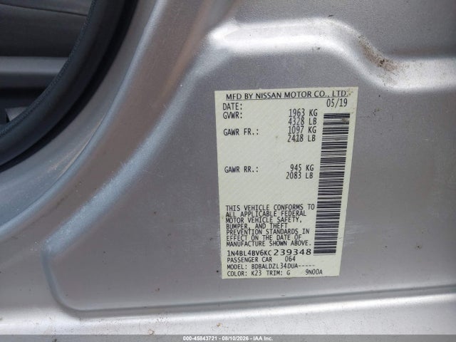 Продажа на аукционе авто 2019 Nissan Altima 2.5 S, vin: 1N4BL4BV6KC239348, номер лота: 45843721