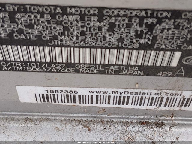 45843724 :رقم المزاد ، JTHBE262X85021028 vin ، 2008 Lexus Is 350 مزاد بيع