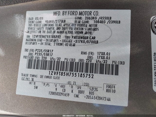 2005 Ford Mustang Gt მანქანა იყიდება აუქციონზე, vin: 1ZVFT85H755185752, აუქციონის ნომერი: 45843741