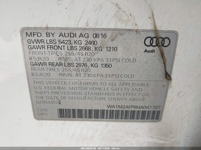 Продаж на аукціоні авто 2017 Audi Q5 2.0t Premium, vin: WA1M2AFP8HA041787, номер лоту: 45843749