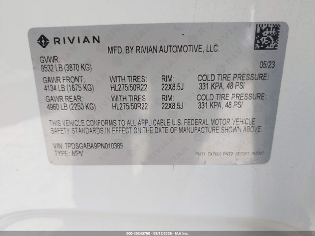 45843760 :رقم المزاد ، 7PDSGABA9PN010385 vin ، 2023 Rivian R1s Adventure مزاد بيع