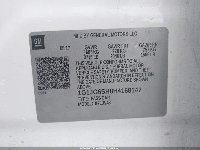 45843769 :رقم المزاد ، 1G1JG6SH8H4168147 vin ، 2017 Chevrolet Sonic Lt Auto مزاد بيع