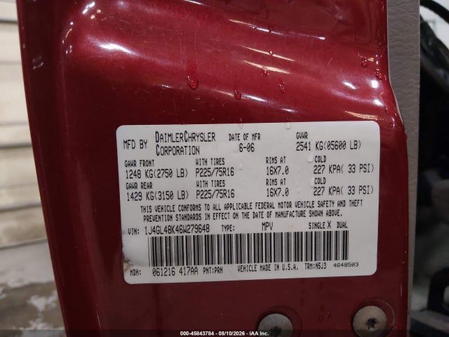 45843784 :رقم المزاد ، 1J4GL48K46W279648 vin ، 2006 Jeep Liberty Sport مزاد بيع