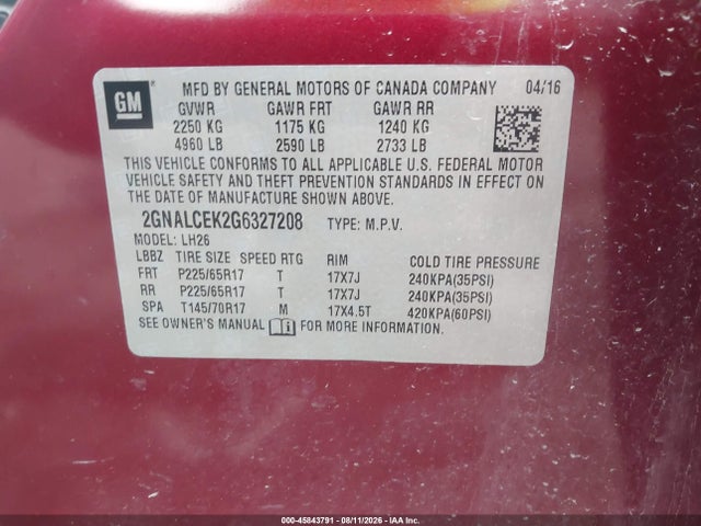45843791 :رقم المزاد ، 2GNALCEK2G6327208 vin ، 2016 Chevrolet Equinox Lt مزاد بيع