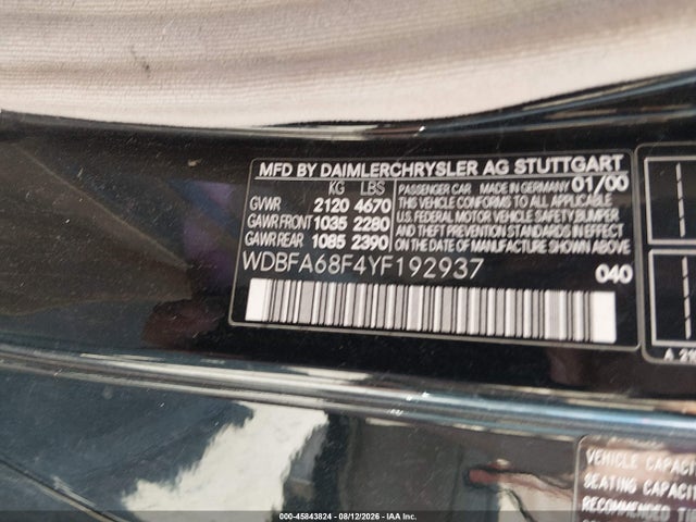 Aukcja sprzedaży 2000 Mercedes-benz Sl 500, vin: WDBFA68F4YF192937, numer aukcji: 45843824