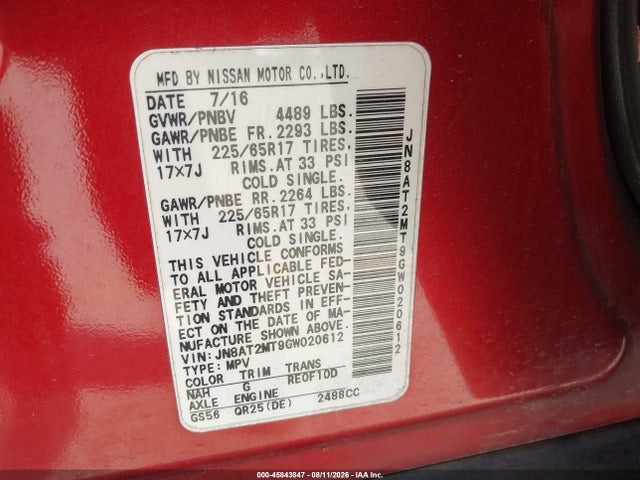 Aukcja sprzedaży 2016 Nissan Rogue S, vin: JN8AT2MT9GW020612, numer aukcji: 45843847