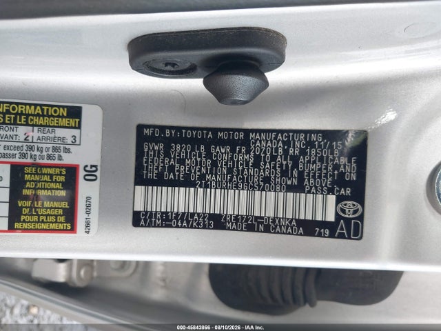 Aukcja sprzedaży 2016 Toyota Corolla Le Premium, vin: 2T1BURHE9GC570080, numer aukcji: 45843866