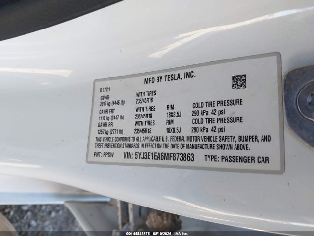 Продажа на аукционе авто 2021 Tesla Model 3 Standard Range Plus Rear-wheel Drive, vin: 5YJ3E1EA6MF873863, номер лота: 45843875