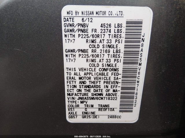 45843878 :رقم المزاد ، JN8AS5MV6CW718322 vin ، 2012 Nissan Rogue Sv مزاد بيع