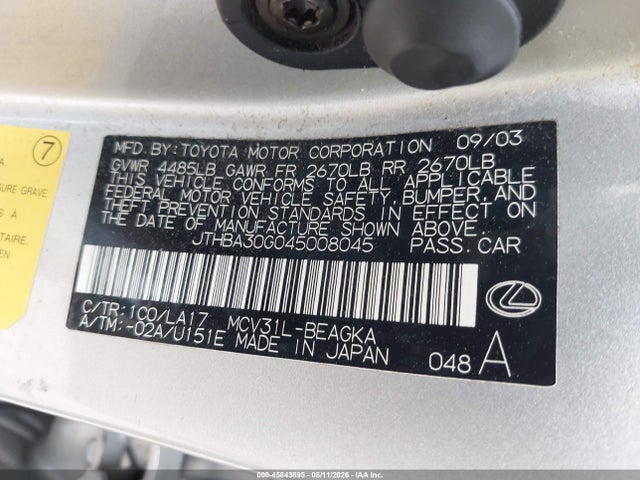 Продажа на аукционе авто 2004 Lexus Es 330, vin: JTHBA30G045008045, номер лота: 45843895