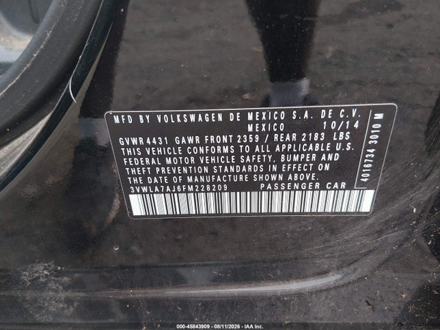 45843909 :رقم المزاد ، 3VWLA7AJ6FM228209 vin ، 2015 Volkswagen Jetta 2.0l Tdi S مزاد بيع