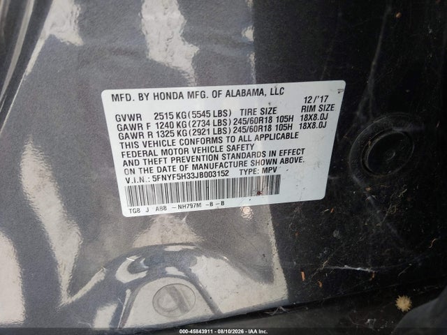 5FNYF5H33JB003152 Honda Pilot Ex