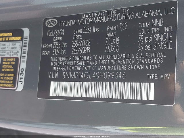 Продажа на аукционе авто 2025 Hyundai Santa Fe Se, vin: 5NMP14GL4SH099346, номер лота: 45843927
