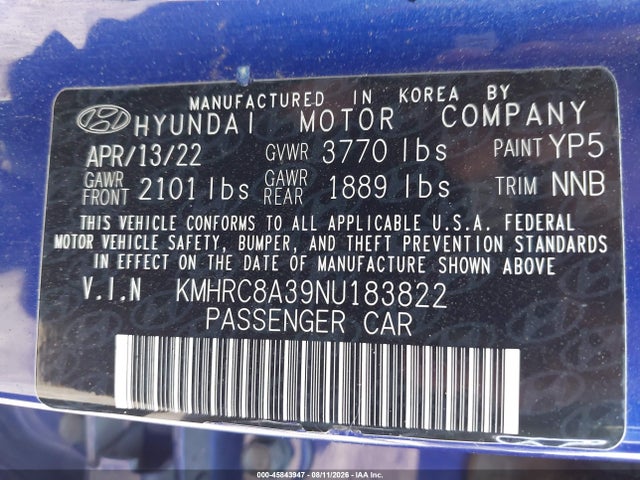 2022 Hyundai Venue Sel მანქანა იყიდება აუქციონზე, vin: KMHRC8A39NU183822, აუქციონის ნომერი: 45843947