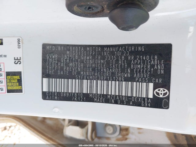 Aukcja sprzedaży 2024 Toyota Corolla Le, vin: 5YFB4MDE3RP101286, numer aukcji: 45843965