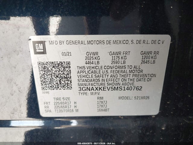 Aukcja sprzedaży 2021 Chevrolet Equinox Fwd Lt, vin: 3GNAXKEV5MS140762, numer aukcji: 45843970