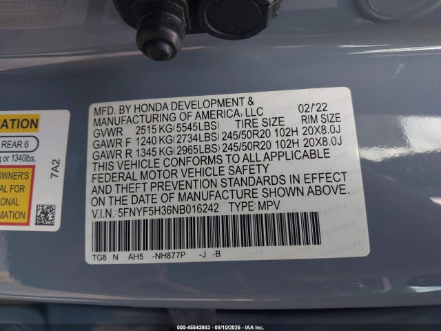 45843983 :رقم المزاد ، 5FNYF5H36NB016242 vin ، 2022 Honda Pilot 2wd Sport مزاد بيع