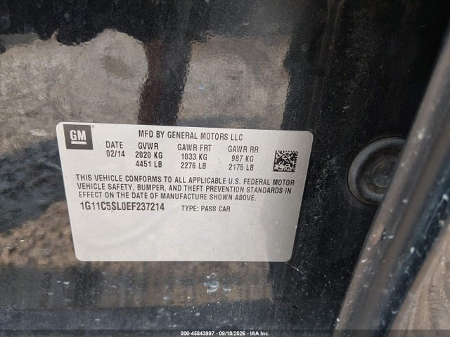 Продажа на аукционе авто 2014 Chevrolet Malibu 1lt, vin: 1G11C5SL0EF237214, номер лота: 45843997