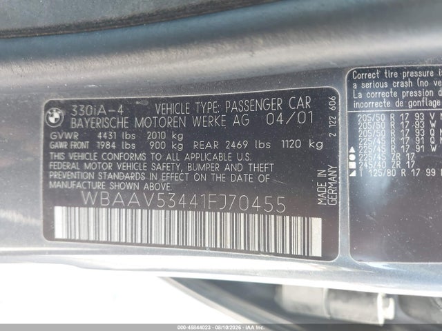 Продаж на аукціоні авто 2001 Bmw 330i, vin: WBAAV53441FJ70455, номер лоту: 45844023