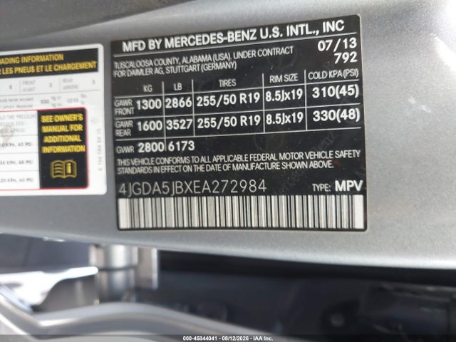 Продаж на аукціоні авто 2014 Mercedes-benz Ml 350, vin: 4JGDA5JBXEA272984, номер лоту: 45844041