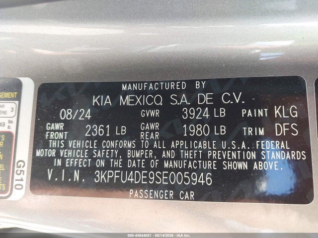 Продажа на аукционе авто 2025 Kia K4 Ex, vin: 3KPFU4DE9SE005946, номер лота: 45844051