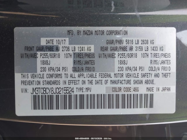 Aukcja sprzedaży 2018 Mazda Cx-9 Touring, vin: JM3TCBCY8J0215524, numer aukcji: 45844058