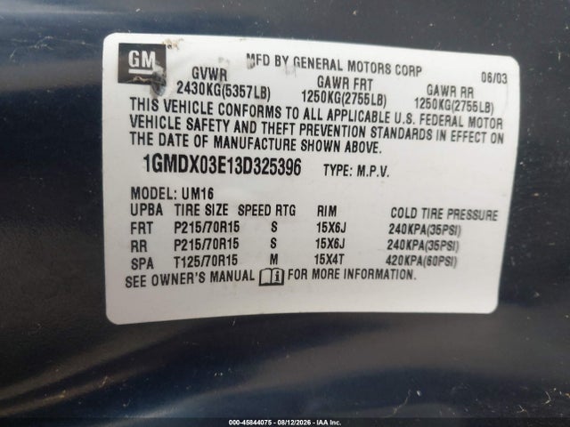 Продаж на аукціоні авто 2003 Pontiac Montana M16 W/1sa Pkg., vin: 1GMDX03E13D325396, номер лоту: 45844075
