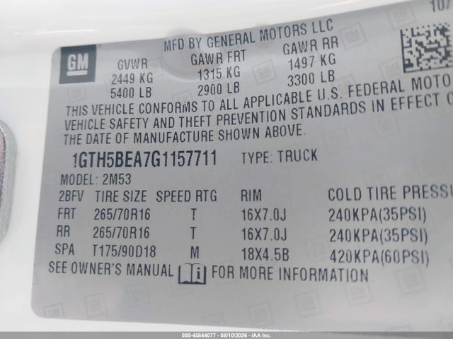 45844077 :رقم المزاد ، 1GTH5BEA7G1157711 vin ، 2016 Gmc Canyon 2wd مزاد بيع