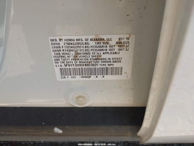 2015 Honda Pilot Touring მანქანა იყიდება აუქციონზე, vin: 5FNYF3H95FB023029, აუქციონის ნომერი: 45844088